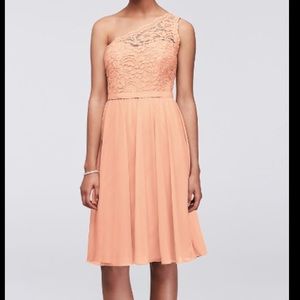 David's Bridal One-Shoulder Lace Bodice Chiffon Dress in Peach
